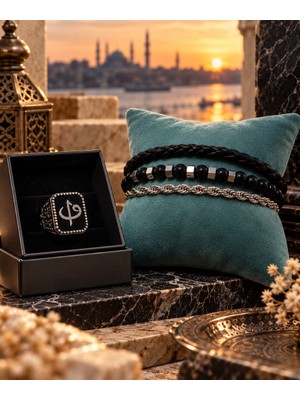 Lia Charm Sevgiliye Hediye Siyah Taşlı Erkek Yüzük ve Bileklik Takı Seti