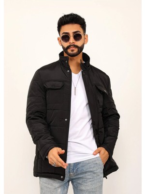 Gambocci Siyah Büyük Kareli Regular Fit Erkek Kapitone Mont Kaban