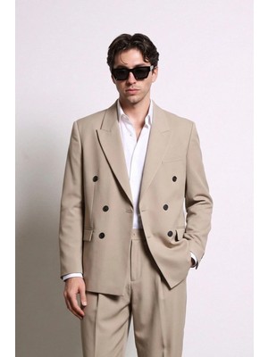 Abluka Online Erkek Oversize Kruvaze Modern Takım Elbise Bej