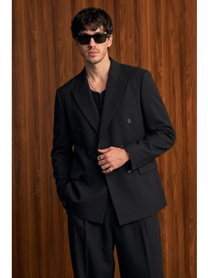 Abluka Online Erkek Oversize Kruvaze Modern Takım Elbise Siyah