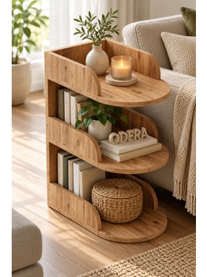 Odera Atlantik Çam 3 Katlı Raflı Yan Sehpa Kitaplıklı Çok Amaçlı Oval Dekoratif Sehpa 60X43X28 cm