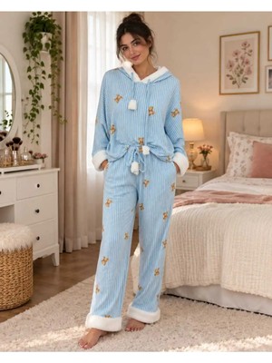 Bella Notte Mavi Uzun Kollu Ayıcıklı Peluş Detaylı Şık Pijama Takımı