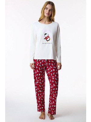 Penti Ekru Cute Penguin Penguen Desenli Pamuklu Uzun Kollu Pantolon Pijama Takımı