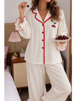 Bella Notte Ekru Kiraz Nakışlı Fırfır Detaylı Uzun Kollu Pijama Takımı
