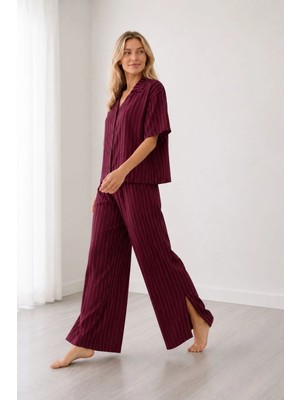 Bella Notte Viskon Dokuma Bordo Çizgili Kısa Kollu Gömlek Yaka Bol Paça Pijama Takımı