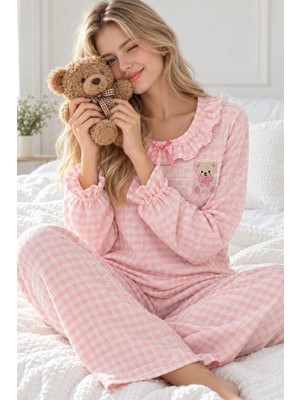 Bella Notte Kadın Pembe Ekose Desenli Fırfır Yaka Uzun Kollu Pijama Takımı