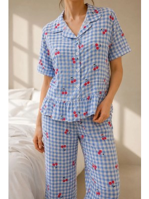 Bella Notte Viskon Dokuma Mavi Pötikare Kiraz Desenli Fırfırlı Pijama Takımı
