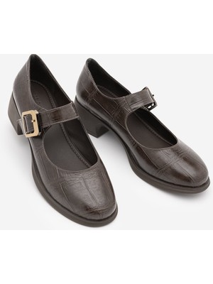 Marjin Kadın Tokalı Kalın Topuk Günlük Ayakkabı Loafer Meniz Kahve Croco
