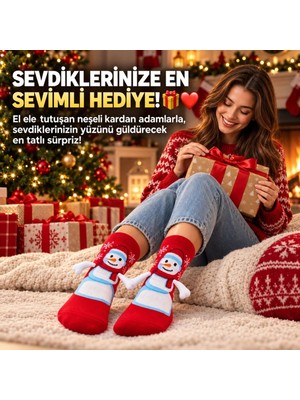 Marche Bien Marchè Bien Kadın Kırmızı Kardan Adam Desenli Yılbaşı Çorabı | 3D Kollu Sevimli ve Şık Kışlık Soket Çorap Modeli