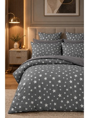 More Home  Tek Kişilik Lastikli Çarşaf  Nevresim Takımı  Gri Beyaz Yıldızlı
