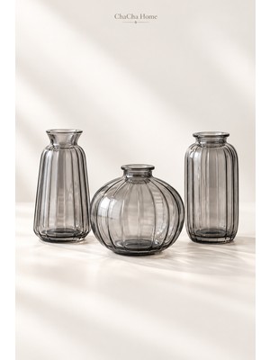 ChaCha Home 3'lü Dekoratif Cam Mini Vazo Seti Çizgili 3 Farklı Form Füme