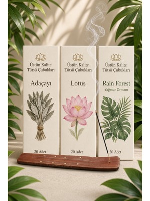Mear Home Tütsü Seti 3 Farklı Aroma 60 Adet Çubuk Tütsü Adaçayı Lotus Rain Forest Kalıcı Oda Kokusu Ahşap Tütsülük Hediyeli