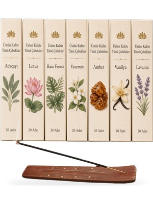 Mear Home Tütsü Seti 7 Farklı Aroma 140 Adet Çubuk Tütsü Adaçayı Lotus Yasemin Amber Vanilya Lavanta Rain Forest Kalıcı Oda Kokusu Ahşap Tütsülük Hediyeli