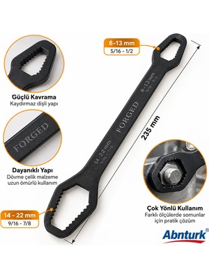Abnturk Çift Ağızlı 15 Farklı ÖLÇÜLÜ(8-13MM ve 14-22MM) Evrensel Kendinden Sıkma Anahtar-Bir Anahtarla Çok Amaçlı Kullanım
