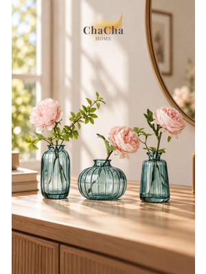 ChaCha Home 3’lü Minimalist Cam Vazo Seti Modern Tasarım Dekoratif Masa Üstü Vazo Turkuaz
