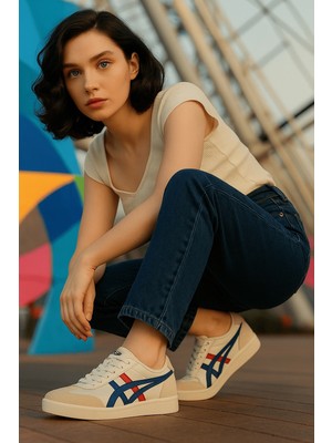 Etayger Beyaz Mavi Kırmızı Oxford Günlük Kadın Spor Ayakkabı Sneaker