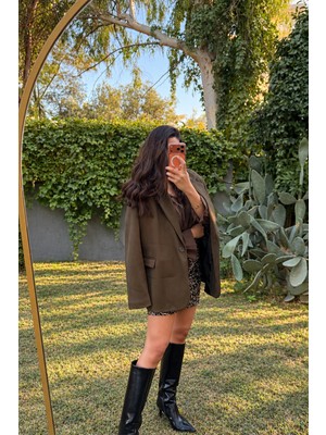 Byemelika Haki Süet Dokulu Oversize Kadın Blazer Ceket