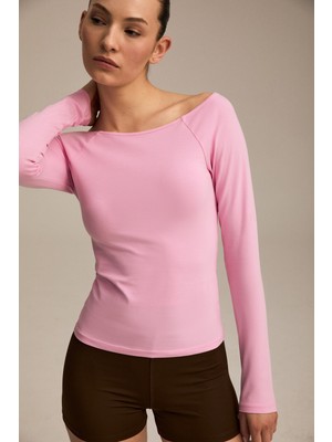 Urban Beat Noxva Kadın Organik Pamuklu Kayık Yaka Reglan Kol Slim Fit Pembe Bluz