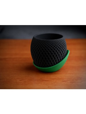 Bezos 3D Baskı Küre Saksı - Kafes Dokulu Iki Parçalı Dekoratif Saksı - Siyah-Yeşil
