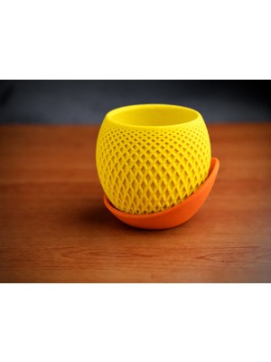 Bezos 3D Baskı Küre Saksı - Kafes Dokulu Iki Parçalı Dekoratif Saksı - Sarı-Turuncu