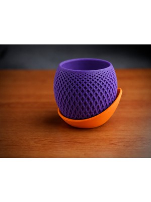Bezos 3D Baskı Küre Saksı - Kafes Dokulu Iki Parçalı Dekoratif Saksı - Mor-Turuncu