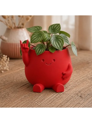 Bezos 3D Baskı Smiley Face Planter - Gülümseyen Karakterli Saksı-Kırmızı