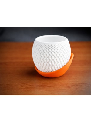 Bezos 3D Baskı Küre Saksı - Kafes Dokulu Iki Parçalı Dekoratif Saksı - Beyaz-Turuncu