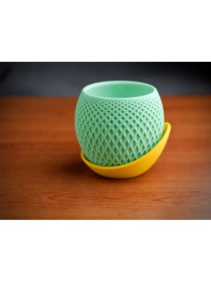 Bezos 3D Baskı Küre Saksı - Kafes Dokulu Iki Parçalı Dekoratif Saksı - Mint-Sarı