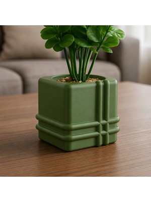 Bezos 3D Baskı Square Planter - Izgara Desenli Küp Saksı-Yeşil