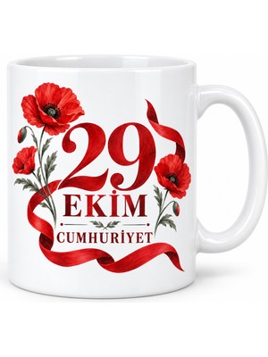 Bezos 29 Ekim Cumhuriyet Gelincik Çiçekli Porselen Kupa - Kırmızı Beyaz Tasarım - Model 260
