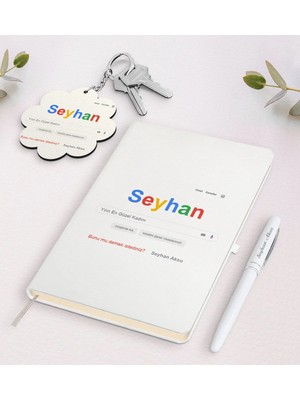 BK Gift Kişiye Özel Google Yılın En Güzel Kadını Beyaz Defter Kalem ve Anahtarlık Hediye Seti