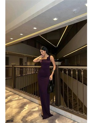 Bşk Virgo Sandy Kumaş Omuz Tek Elbise Maxi · Renk: Mor · Beden: L BSK2026