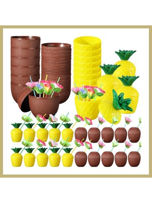 Bezos Tropikal Parti Bardak Seti ? Ananas ve Hindistan Cevizi Şekilli Pipetli Bardaklar (20 Adet) Za
