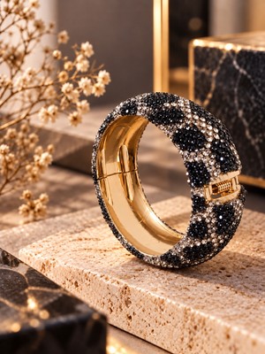 Lia Charm Işıltılı Leopar Taşlı Kalın Kelepçe Bileklik-Özel Gün Kadın Bileklik