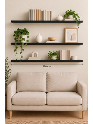 yankı-byeg 120 cm 3lü Mat Siyah Mdf Gizli Montaj Ahşap Duvar Rafı Uçan Raf Kitaplık