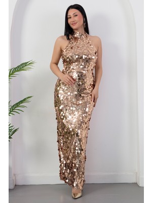 Kalopya Halter Yaka Büyük Pullu Elbise Abiye ECR6094