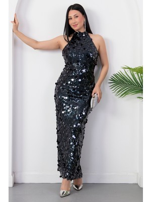 Kalopya Halter Yaka Büyük Pullu Elbise Abiye ECR6094