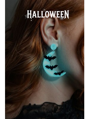 Happiears Halloween Cadılar Bayramı Gece Parlayan Fosforlu Hilal Yarasalı Küpe