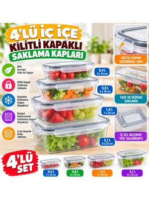 Sepetopia 4lü Iç Içe Sızdırmaz Contalı Kilitli Kapaklı Plastik Erzak Saklama Kapları LC315