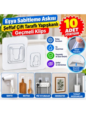 Sepetopia Eşya Sabitleme Askısı 10 Çift Şeffaf Çift Taraflı Yapışkanlı Geçmeli Klips (Adet Fiyatıd