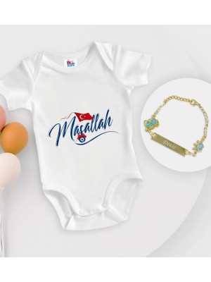 BK Gift Bk Kids Kişiye Özel Maşallah Tasarımlı Beyaz Bebek Body Zıbın ve Erkek Bebek Künyesi Hediye Seti-3 9-12 Ay