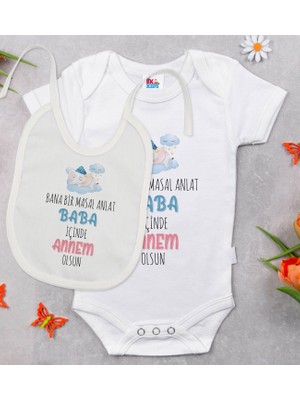 BK Gift Bk Kids Masal Anlat Baba Tasarımlı Beyaz Bebek Body Zıbın ve Mama Önlüğü Hediye Seti-1 6 - 9 Ay