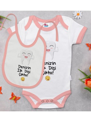 BK Gift Bk Kids Kişiye Özel Ilk Diş Tasarımlı Pembe Bebek Body Zıbın ve Mama Önlüğü Hediye Seti 0-3 Ay