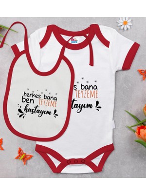 BK Gift Bk Kids Teyzeme Hastayım Tasarımlı Kırmızı Bebek Body Zıbın ve Mama Önlüğü Hediye Seti-1 3-6 Ay