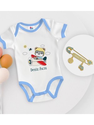 BK Gift Bk Kids Kişiye Özel Sevimli Pilot Tasarımlı Mavi Bebek Body Zıbın ve Erkek Bebek Iğnesi Hediye Seti-1 9-12 Ay
