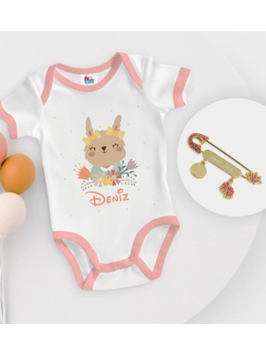 BK Gift Bk Kids Kişiye Özel Isimli Pembe Bebek Body Zıbın ve Kız Bebek Iğnesi Hediye Seti-14 0-3 Ay