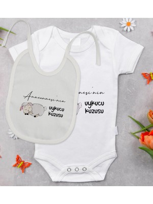 BK Gift Bk Kids Anneannesinin Uykucu Kuzusu Tasarımlı Bebek Body Zıbın ve Mama Önlüğü Hediye Seti - Model 1 9-12 Ay