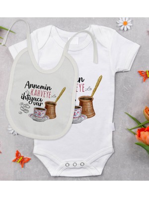 BK Gift Bk Kids Annemin Kahveye Ihtiyacı Var Tasarımlı Bebek Body Zıbın ve Mama Önlüğü Hediye Seti - Model 1 3-6 Ay