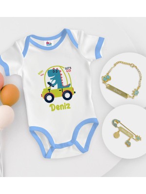 BK Gift Bk Kids Kişiye Özel Isimli Mavi Bebek Body Zıbın Erkek Bebek Künyesi ve Iğnesi Hediye Seti-34 0-3 Ay