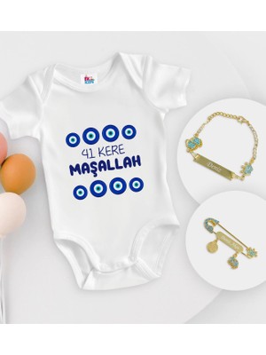 BK Gift Bk Kids Kişiye Özel Maşallah Tasarımlı Beyaz Bebek Body Zıbın Erkek Bebek Künyesi ve Iğnesi Hediye Seti-2 6 - 9 Ay